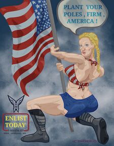 Cartoon image of a scantily clad Caucasian woman with braided blonde hair. She is low to the ground holding an American flag. A speech bubble hangs overhead stating "Plant your flagpoles firm, America!". There is a vanguard logo and an urging to enlist, with a phone number and website provided.
